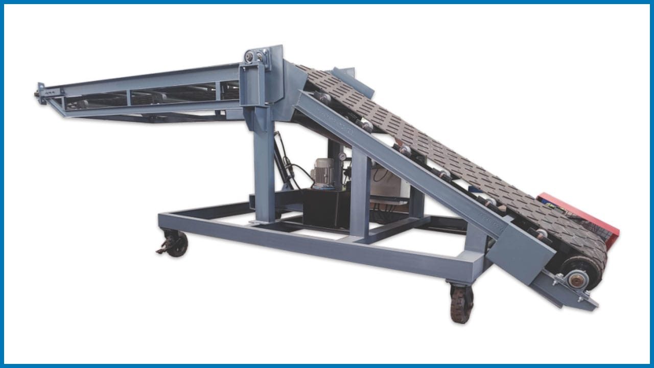 Truck loader cum stacker – Mobile, wheel mounted flat belt conveyor with hydraulically adjustable boom. Truck loader cum stacker – Mobile, wheel mounted flat belt conveyor with hydraulically adjustable boom.
